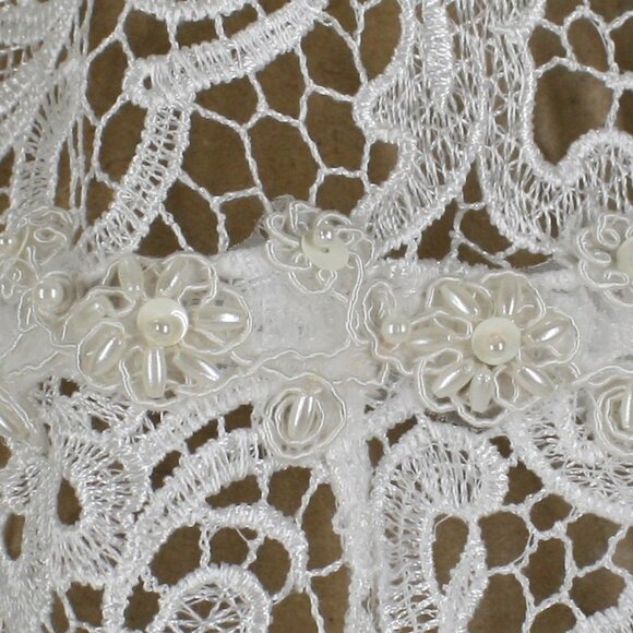 HAND CRAFTED Jacket Denim Upcycled Lace Pearl Trim Floral White Plus Size 16 - Picture 8 of 14